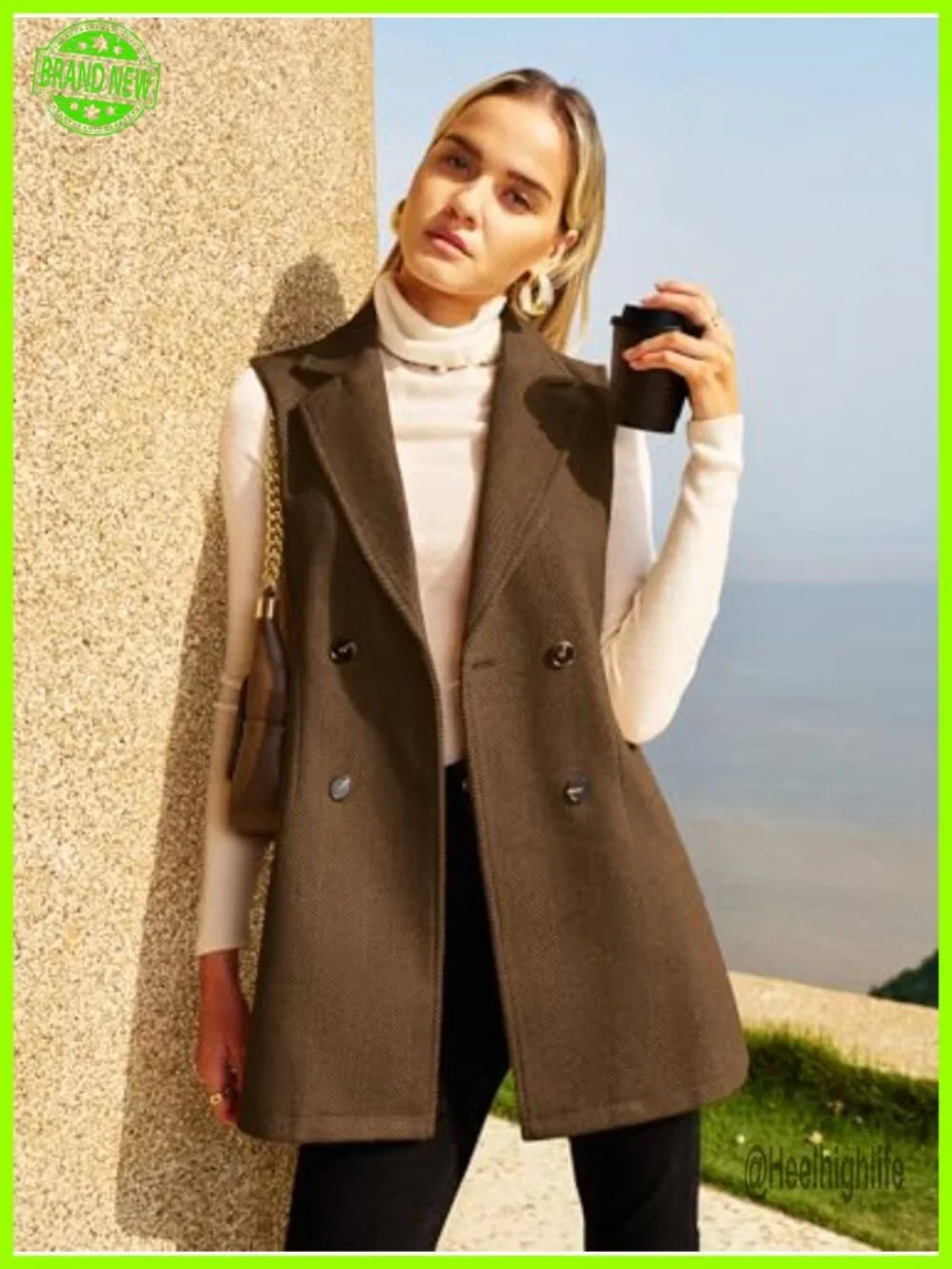 Women's Tweed Long Vest Sleeveless Herringbone Double Breasted Blazer Jacket